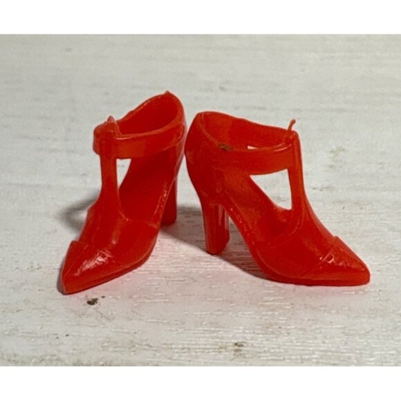 Vintage Barbie Shoes Red Closed Pointed Toe Heels T Strap Fits 90s 80s - Picture 1 of 4